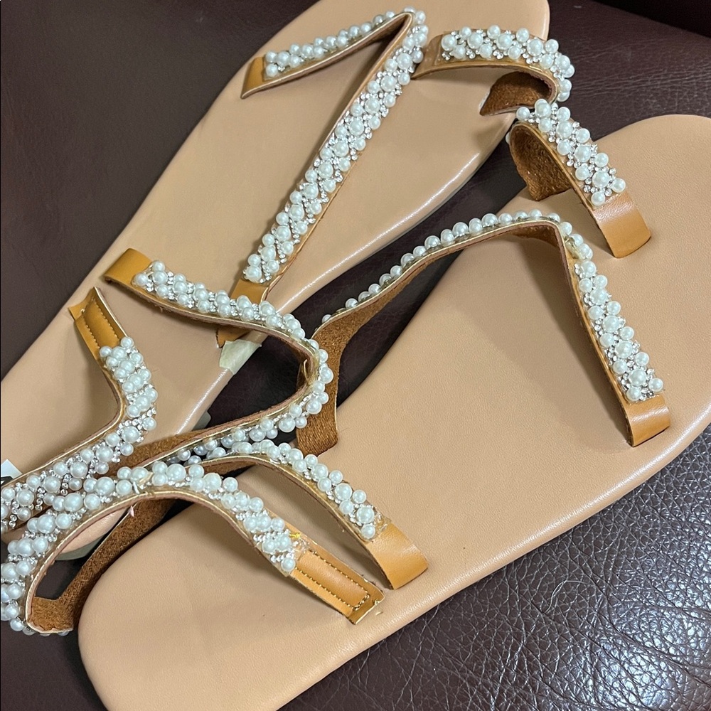 Elegant Pearl-Embellished Tan Sandals
